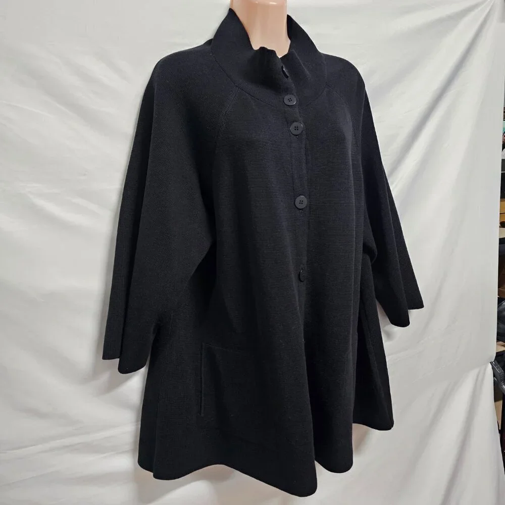 Eileen Fisher Button Up Mock Neck Kimono Jacket Women Size L Black Silk/Cotton